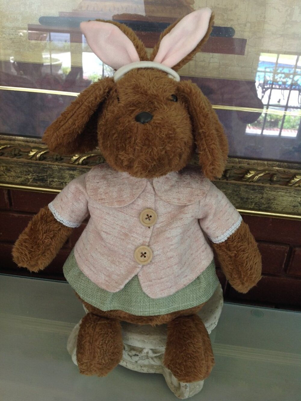 Plush Puppy Dog Wearng a Green Gingham Dress, Pink Sweater and Bunny Ears